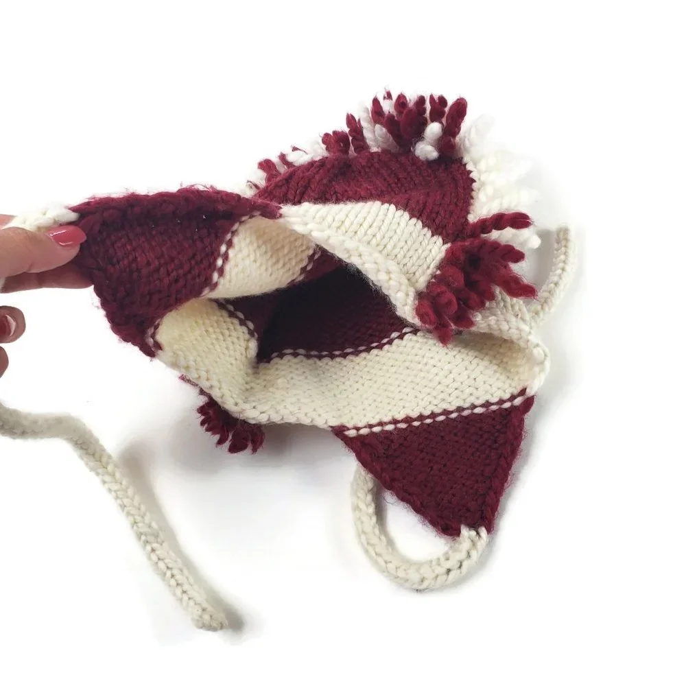 Kids Hand Knit Mohawk Hat Fall Winter Braided One Size‎ Red White Acrylic Yarn